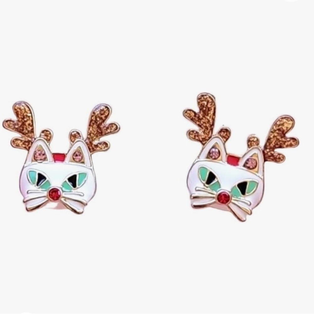 Betsey Johnson Holiday White Cat Wearing Reindeer Stud Earrings